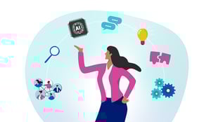 Person surrounded by icons representing tools and insights.