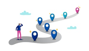 Person navigating a route marked by map pins.