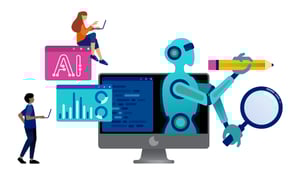 Robot using AI tools on a computer, with people analyzing data and code.