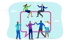 Group of coworkers interacting around a large speech bubble, representing conversation and shared ideas.
