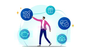 Person engaging with icons representing employee benefits.