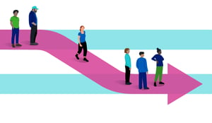 People move along an arrow path that bends, symbolizing change and adaptation.