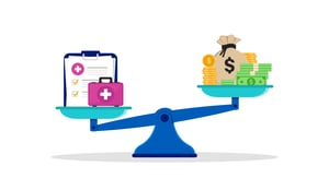 Healthcare items outweigh a large amount of money on a balance scale.