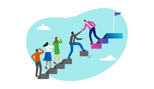 People supporting one another as they climb steps toward AI-enabled work.