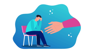 A hand reaches out in support to a seated person.