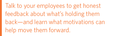 Talk to your employees to get honest feedback about what's holding them back—and learn what motivations can help move them forward.